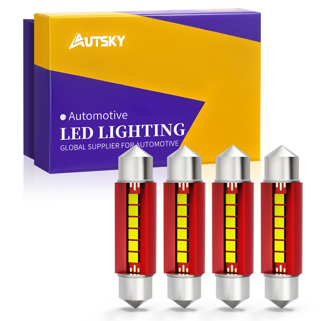 AUTSKY 41MM 42MM Festoon LED Bulb White for Interior Dome Map Vanity Mirror Sun Visor Lights, 211-2 212-2 578 569 214-2 LED Bulbs 6500K Super Bright, Canbus Error Free 6-SMD 2525 Chips (4-Pack)